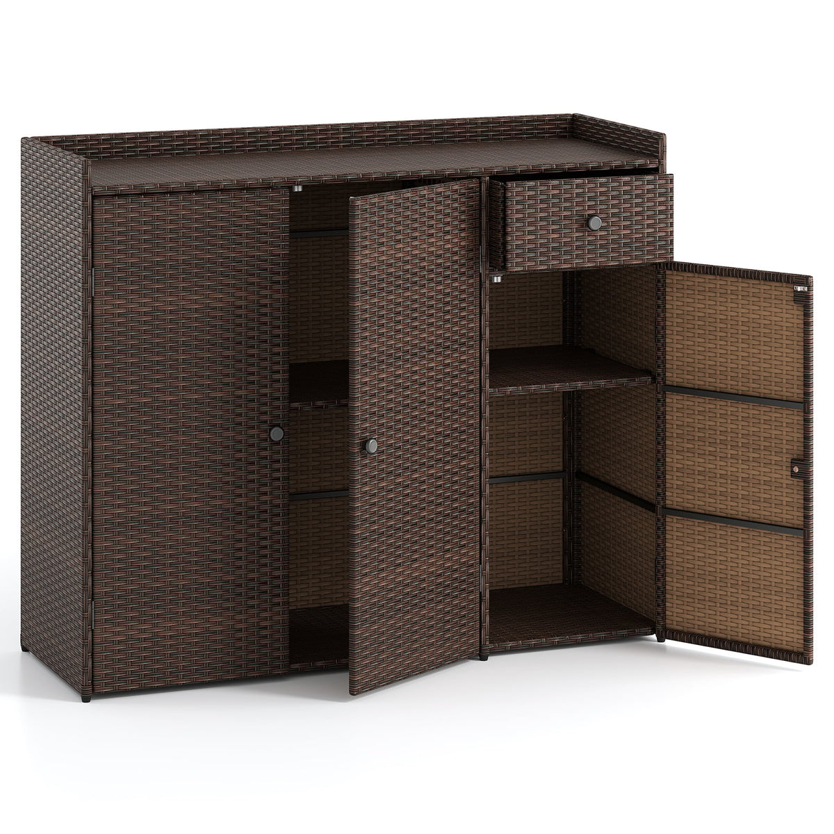Outdoor PE Wicker Storage Cabinet with 3 Doors for Deck-Garages-DECOROLALA