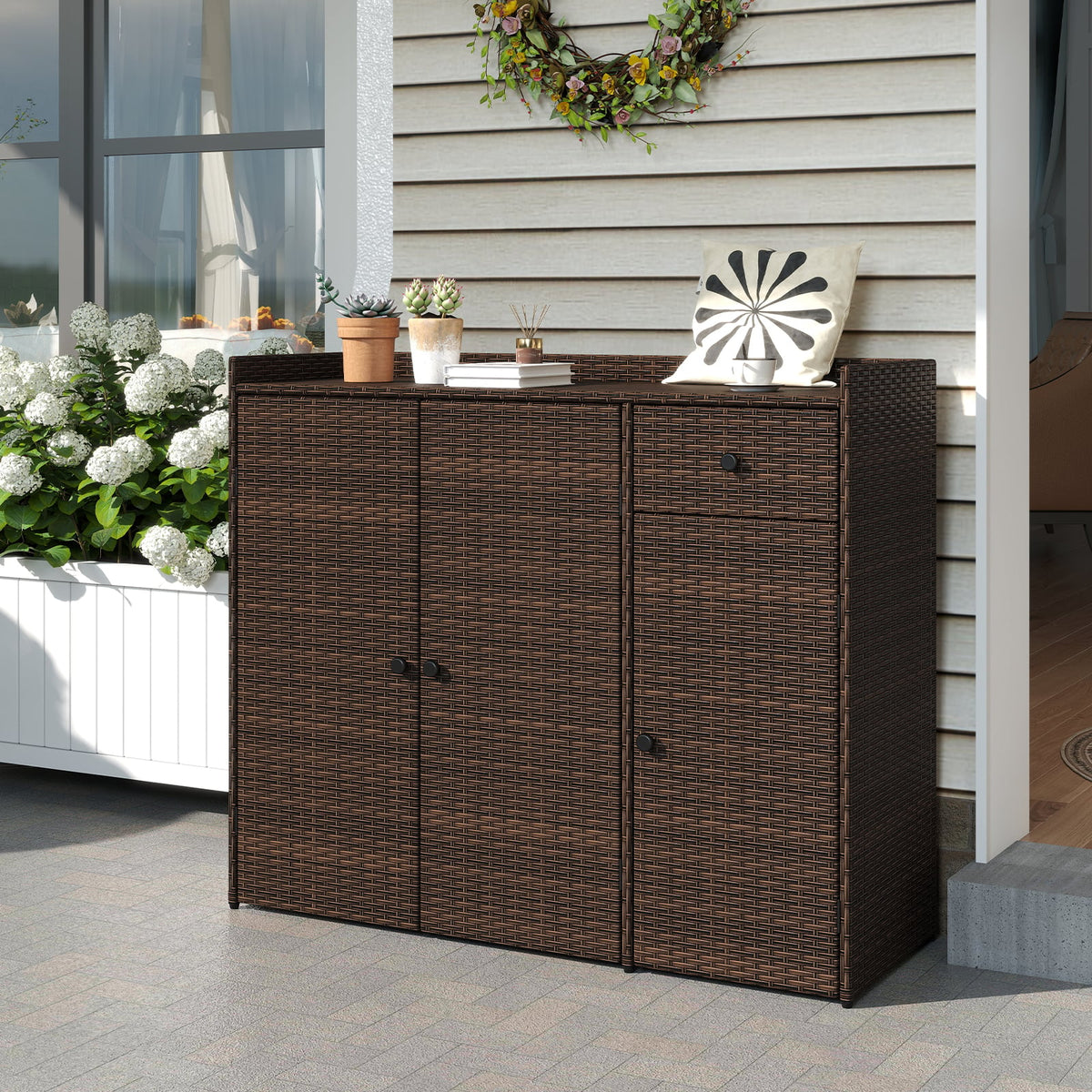 Outdoor PE Wicker Storage Cabinet with 3 Doors for Deck-Garages-DECOROLALA
