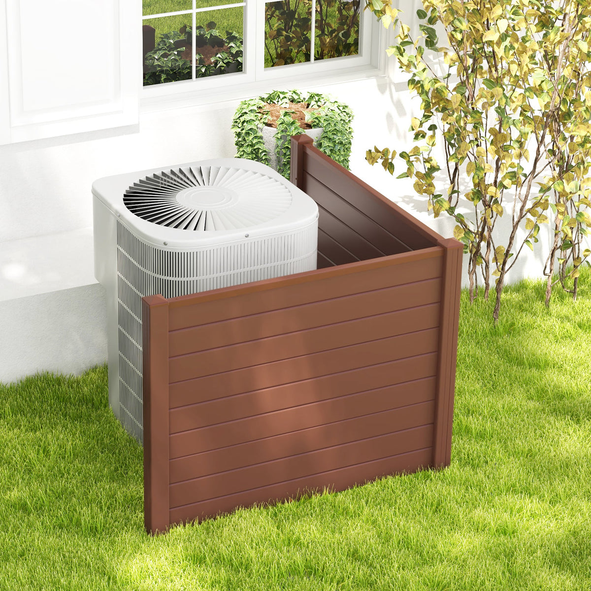 Outdoor PVC Air Conditioner Fence with 20 Inch Long Stakes-Brown-Outdoor Privacy Screens-DECOROLALA