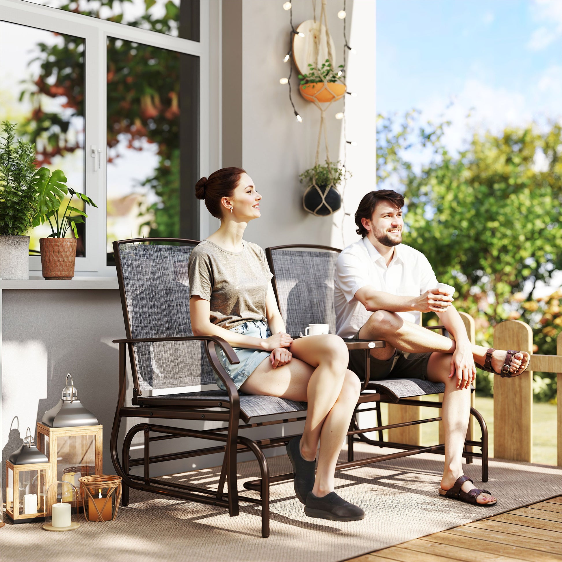 Outdoor Patio 2-Seater Glider Rocking Chair, Grey, Garden Bench-DECOROLALA