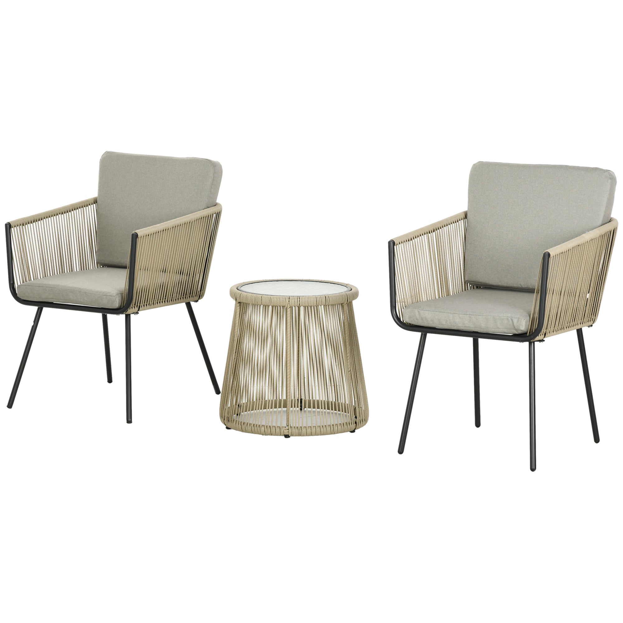 Outdoor Patio Bistro Set, Wicker Rattan Chairs & Table, Light Grey, Garden Furniture-DECOROLALA