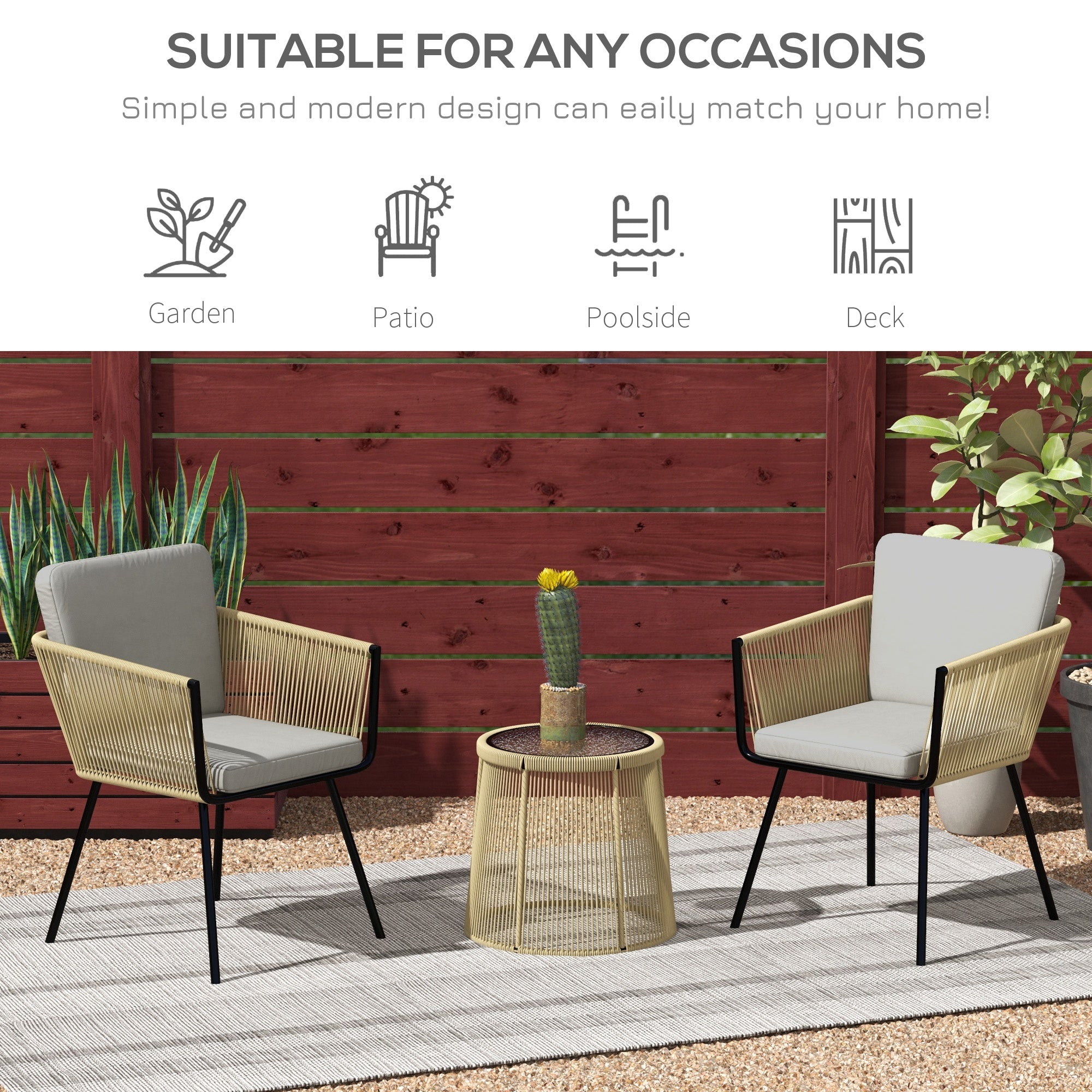 Outdoor Patio Bistro Set, Wicker Rattan Chairs & Table, Light Grey, Garden Furniture-DECOROLALA