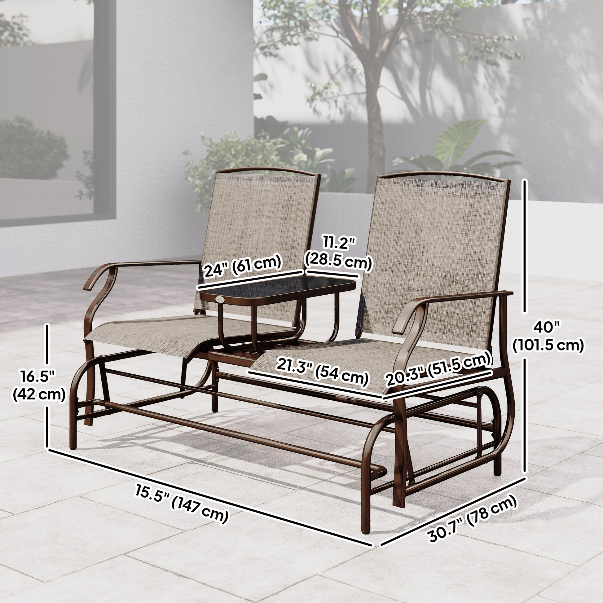Outdoor Patio Glider Rocking Chair 2 Person Flaxen Weatherproof 57.9"L-DECOROLALA