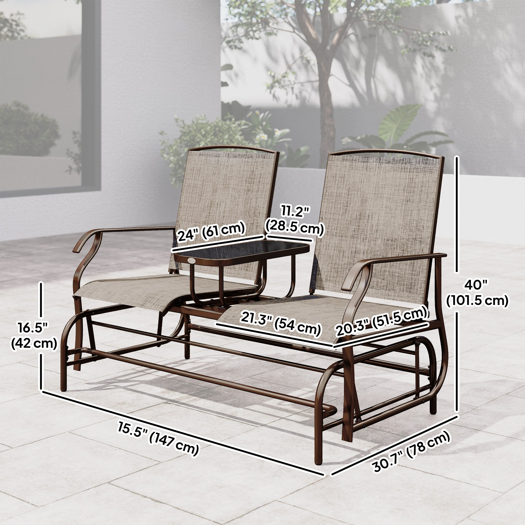Outdoor Patio Glider Rocking Chair 2 Person Flaxen Weatherproof 57.9"L-DECOROLALA