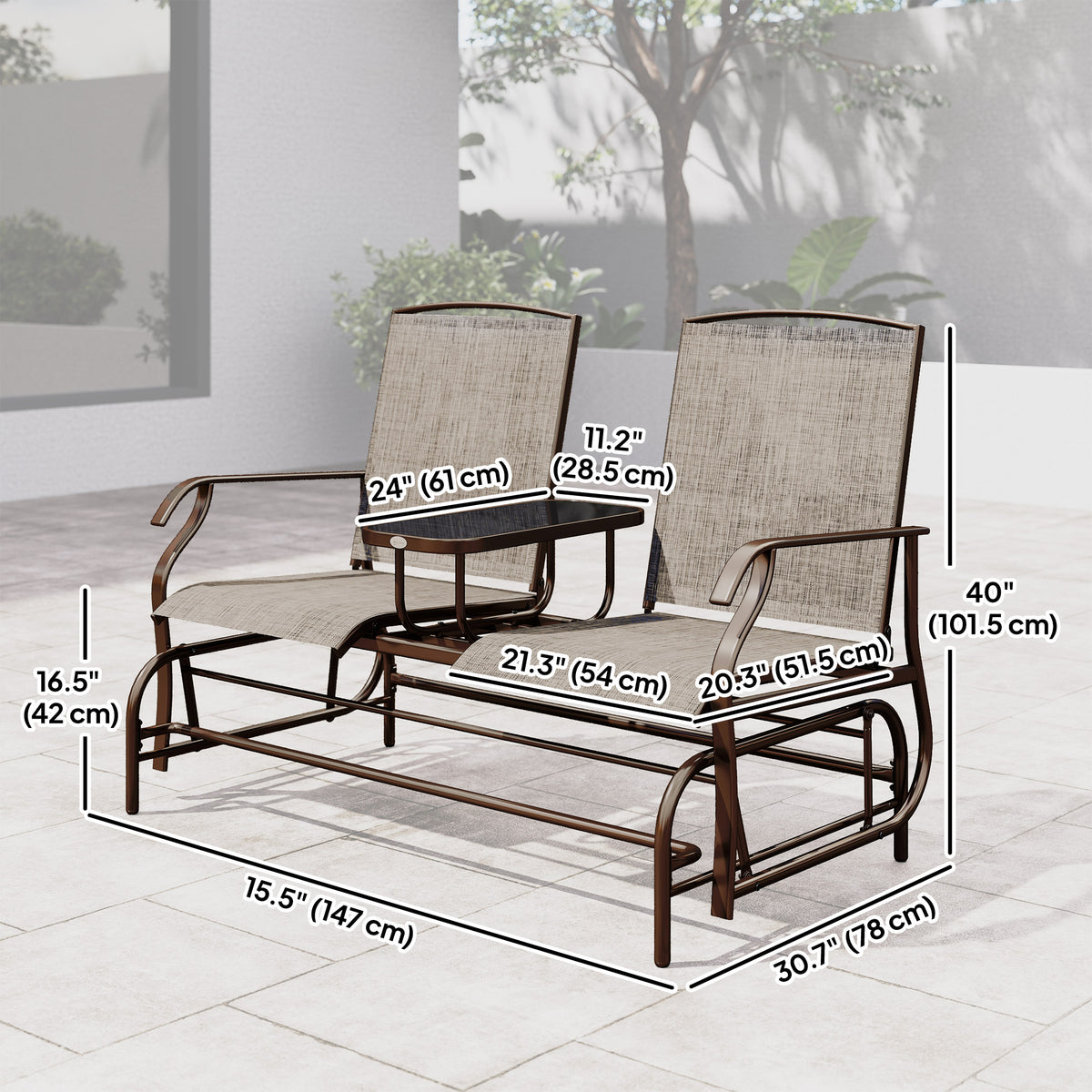 Outdoor Patio Glider Rocking Chair 2 Person Flaxen Weatherproof 57.9"L-Outdoor Benches-DECOROLALA