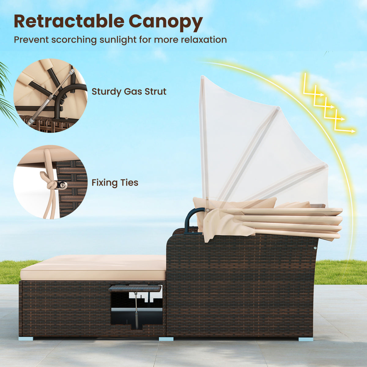 Outdoor Patio Rattan Daybed with Retractable Canopy and Side Tables-Beige-Outdoor Sectional Sofas-DECOROLALA