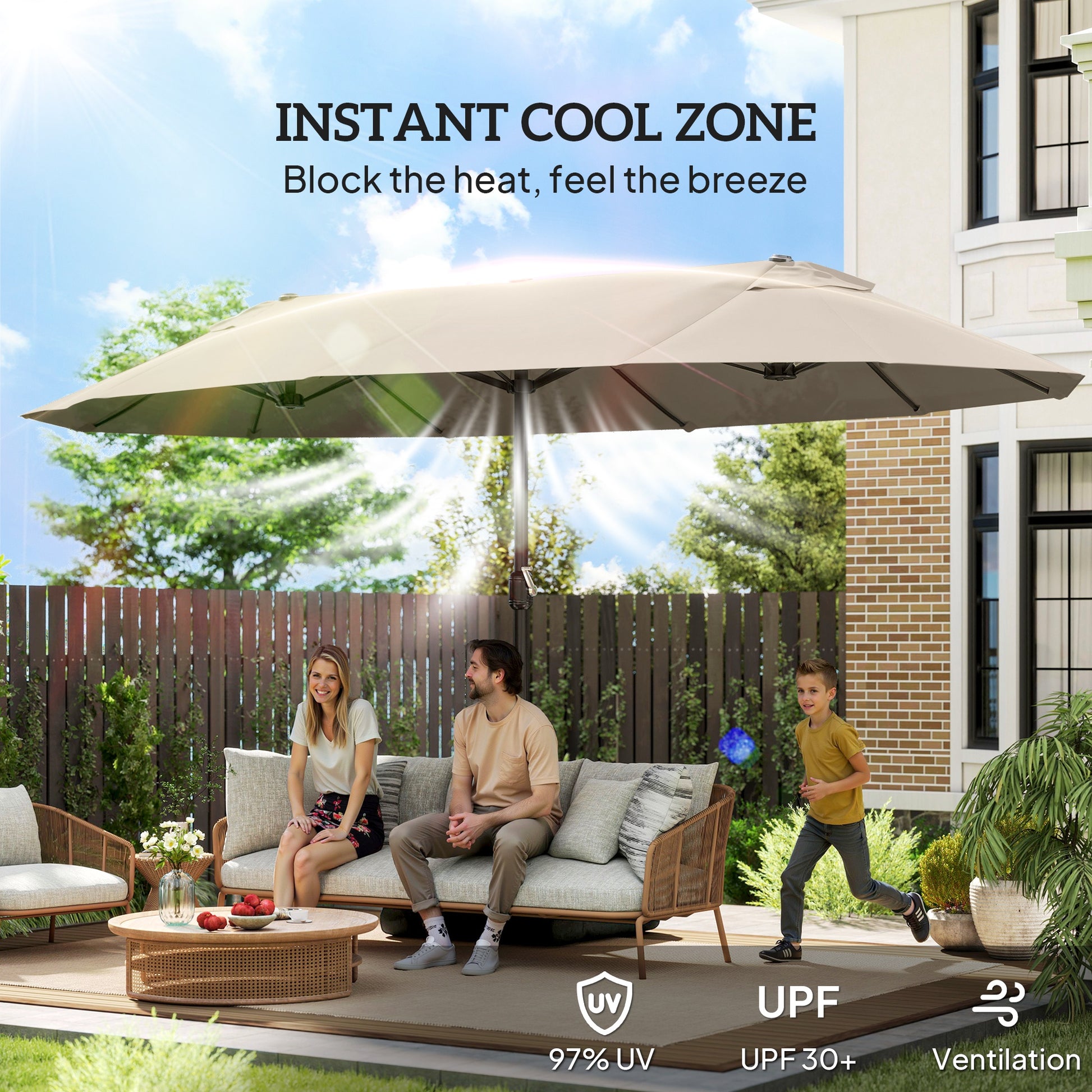 Outdoor Patio Umbrella - 15' Khaki Sunshade with Crank Lift-DECOROLALA