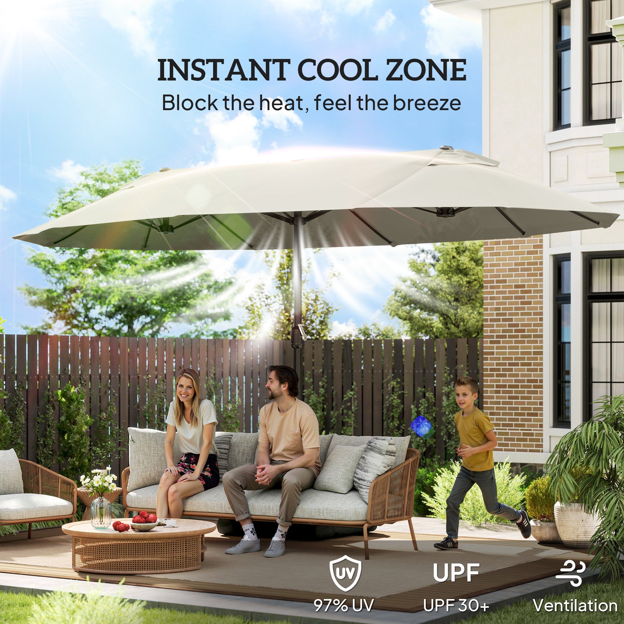 Outdoor Patio Umbrella - 15' Sunshade Steel with Lift, Cream-DECOROLALA