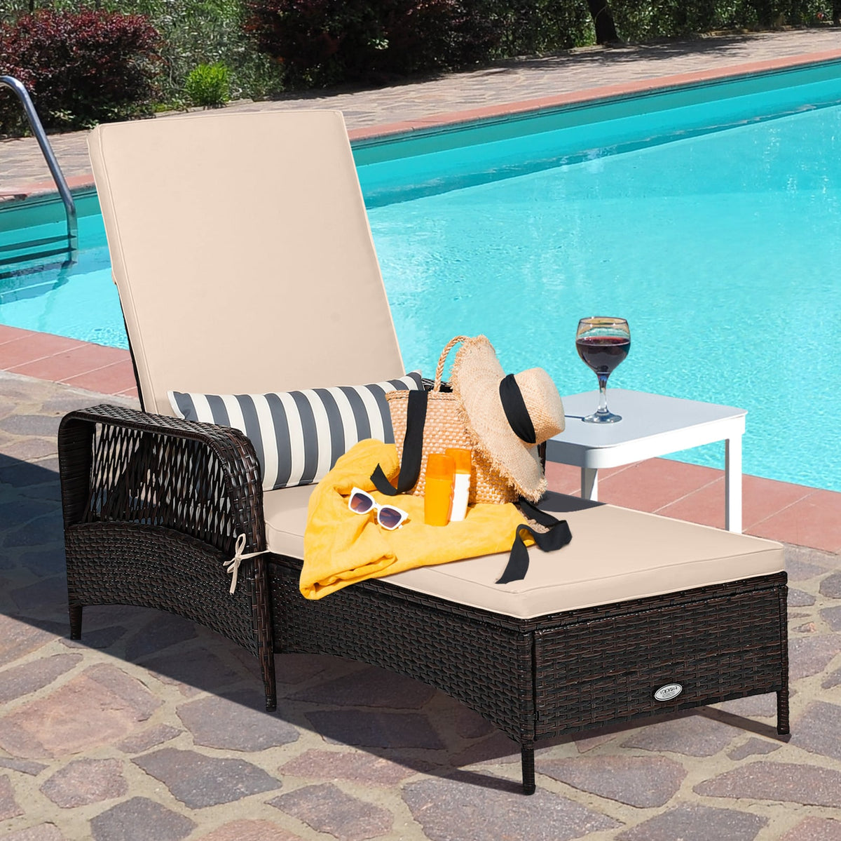 Outdoor Patio Wicker Chaise Lounge Chair with Adjustable Backrest and Pillow-Beige-Outdoor Chaise Lounges-DECOROLALA