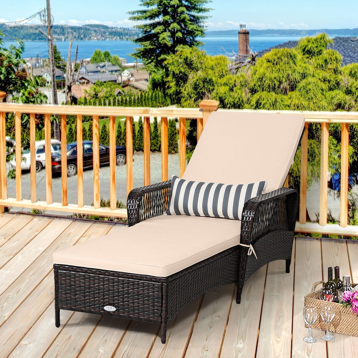 Outdoor Patio Wicker Chaise Lounge Chair with Adjustable Backrest and Pillow-Beige-Outdoor Chaise Lounges-DECOROLALA