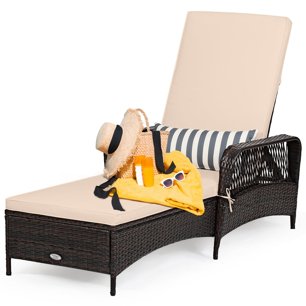 Outdoor Patio Wicker Chaise Lounge Chair with Adjustable Backrest and Pillow-Beige-Outdoor Chaise Lounges-DECOROLALA
