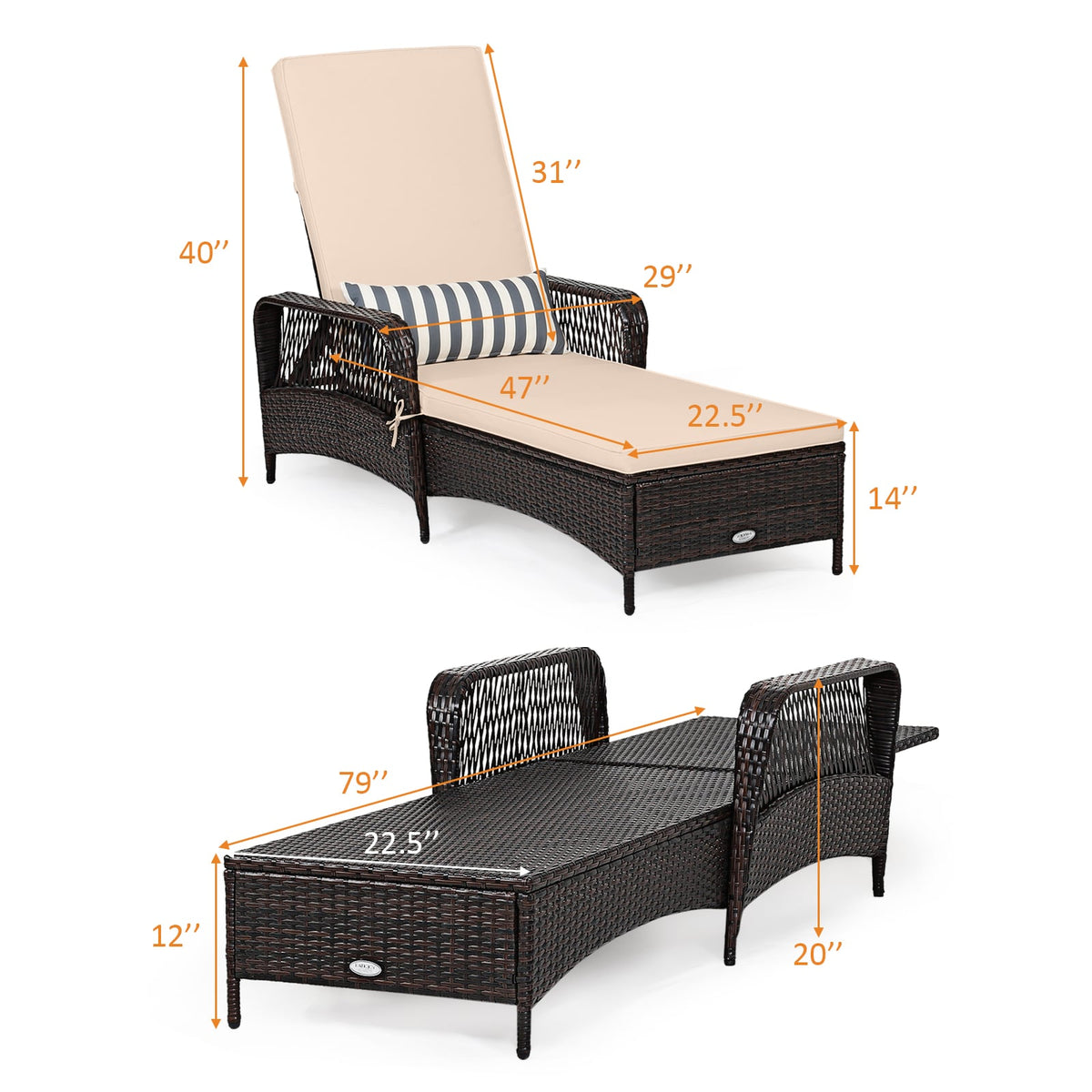 Outdoor Patio Wicker Chaise Lounge Chair with Adjustable Backrest and Pillow-Beige-Outdoor Chaise Lounges-DECOROLALA