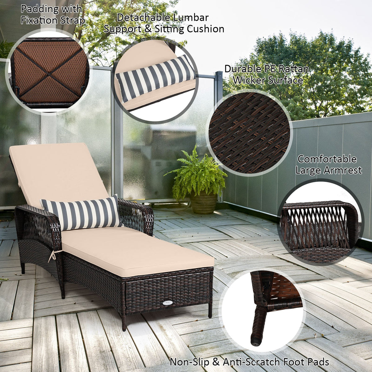 Outdoor Patio Wicker Chaise Lounge Chair with Adjustable Backrest and Pillow-Beige-Outdoor Chaise Lounges-DECOROLALA