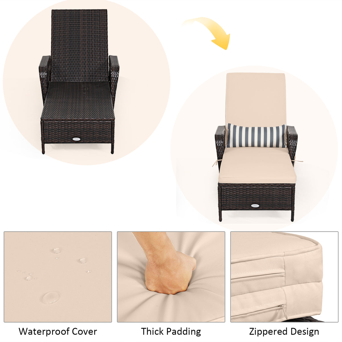 Outdoor Patio Wicker Chaise Lounge Chair with Adjustable Backrest and Pillow-Beige-Outdoor Chaise Lounges-DECOROLALA