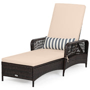 Outdoor Patio Wicker Chaise Lounge Chair with Adjustable Backrest and Pillow-Beige-Outdoor Chaise Lounges-DECOROLALA