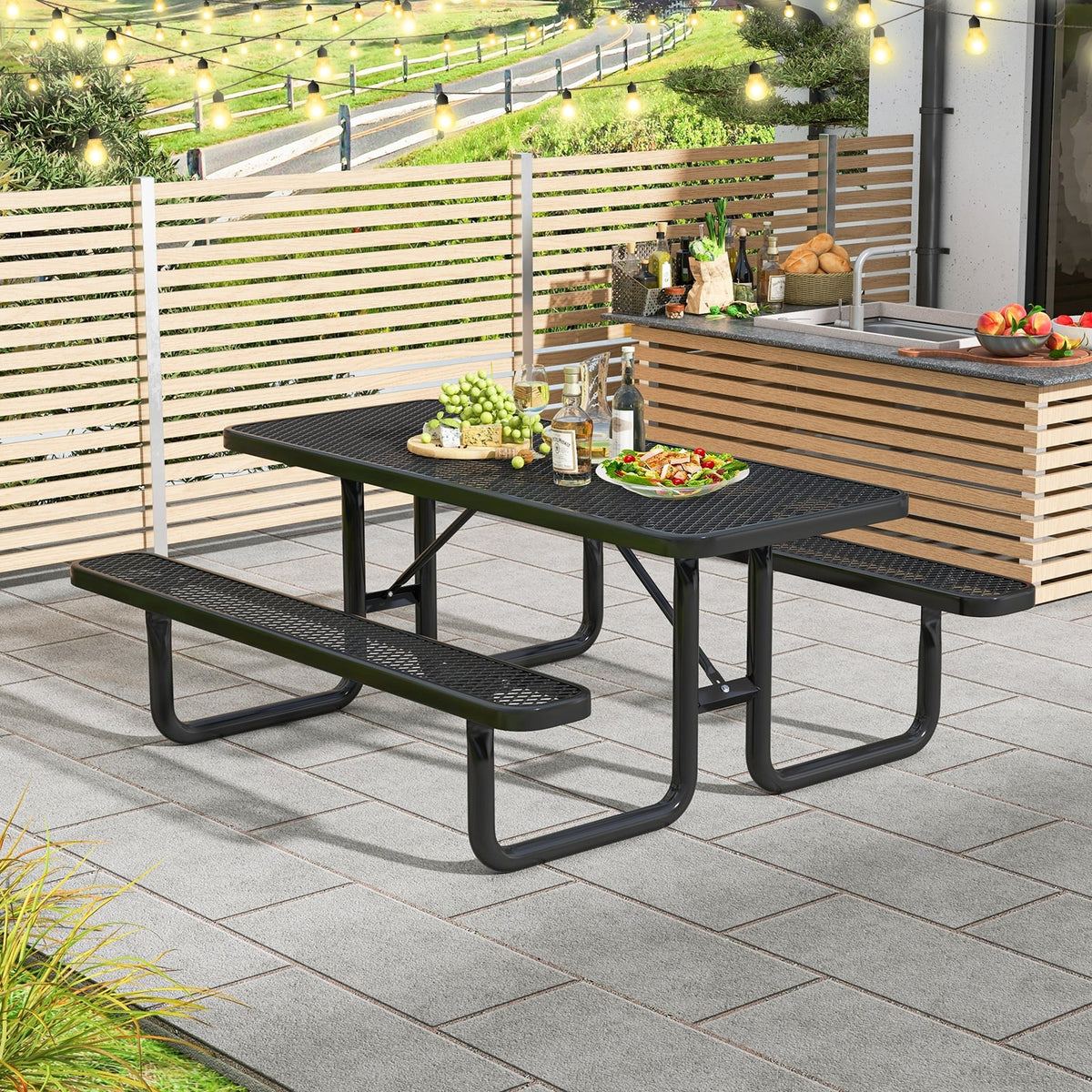 Outdoor Picnic Table and Bench Set for 8 Person with Seats and Mesh Grid-Black-Picnic Tables-DECOROLALA