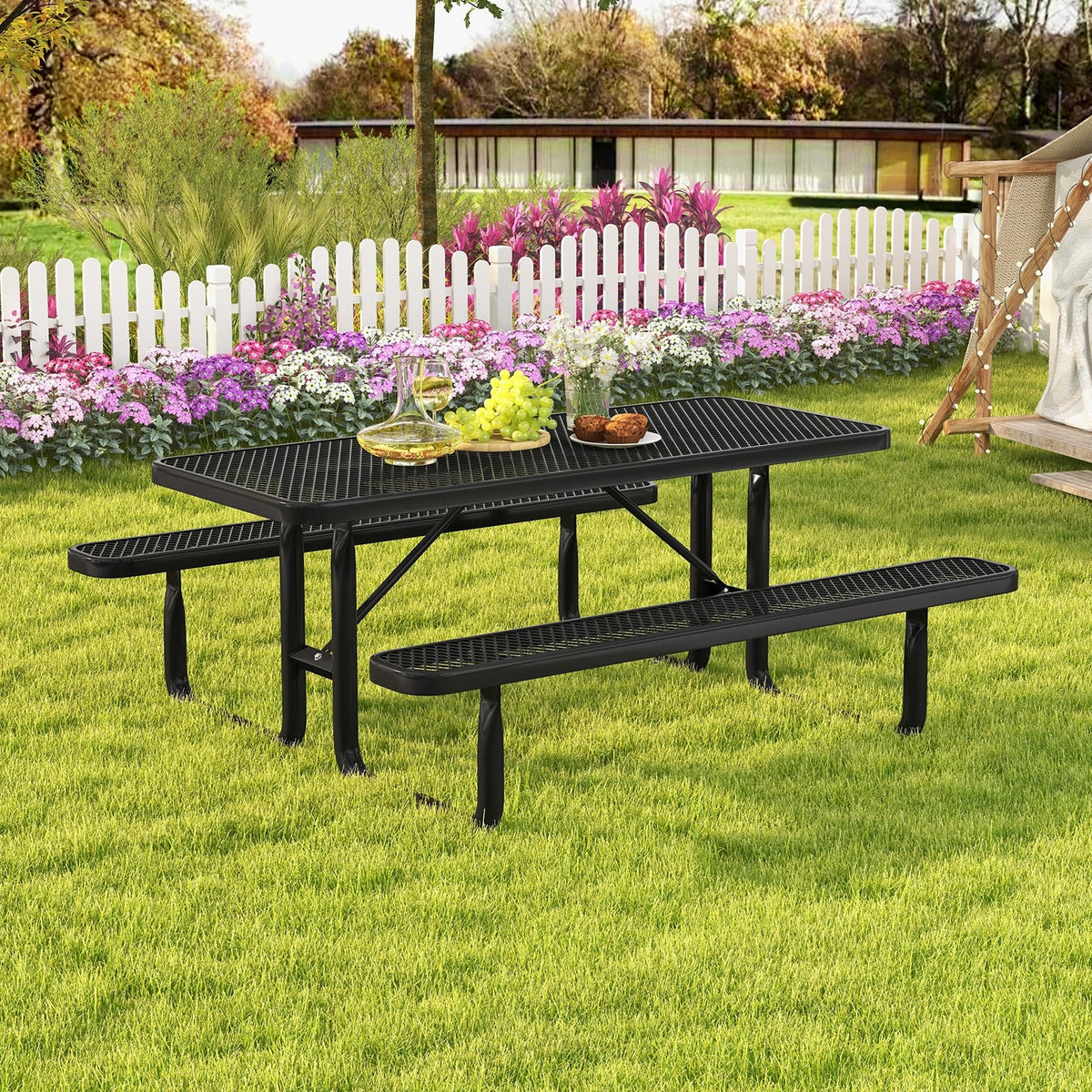 Outdoor Picnic Table and Bench Set for 8 Person with Seats and Mesh Grid-Black-Picnic Tables-DECOROLALA