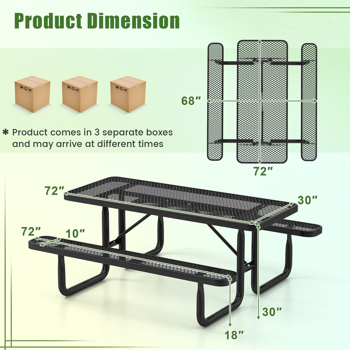 Outdoor Picnic Table and Bench Set for 8 Person with Seats and Mesh Grid-Black-Picnic Tables-DECOROLALA