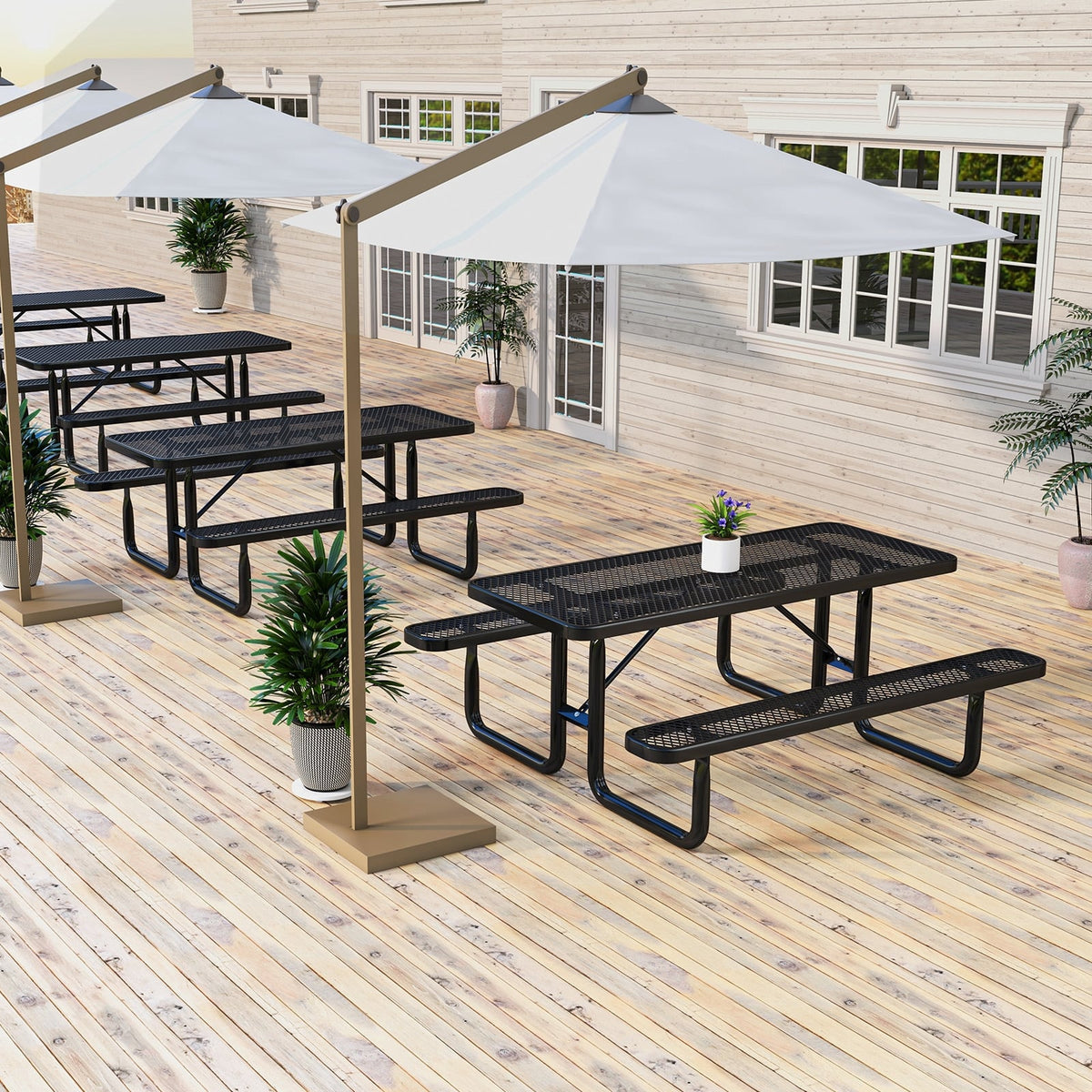 Outdoor Picnic Table and Bench Set for 8 Person with Seats and Mesh Grid-Black-Picnic Tables-DECOROLALA