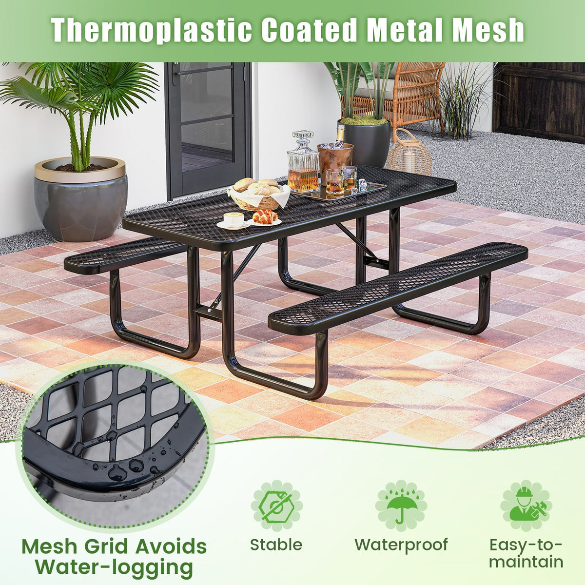 Outdoor Picnic Table and Bench Set for 8 Person with Seats and Mesh Grid-Black-Picnic Tables-DECOROLALA