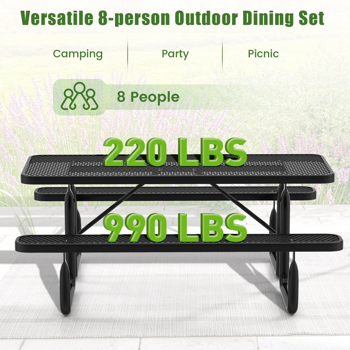Outdoor Picnic Table and Bench Set for 8 Person with Seats and Mesh Grid-Black-Picnic Tables-DECOROLALA