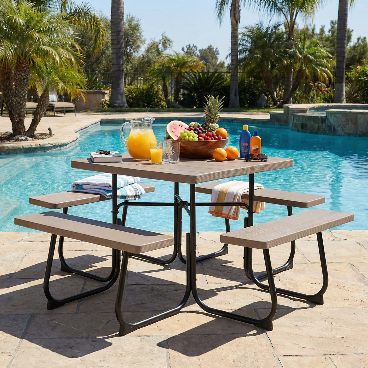 Outdoor Picnic Table with 4 Benches and Umbrella Hole-Brown-Picnic Tables-DECOROLALA