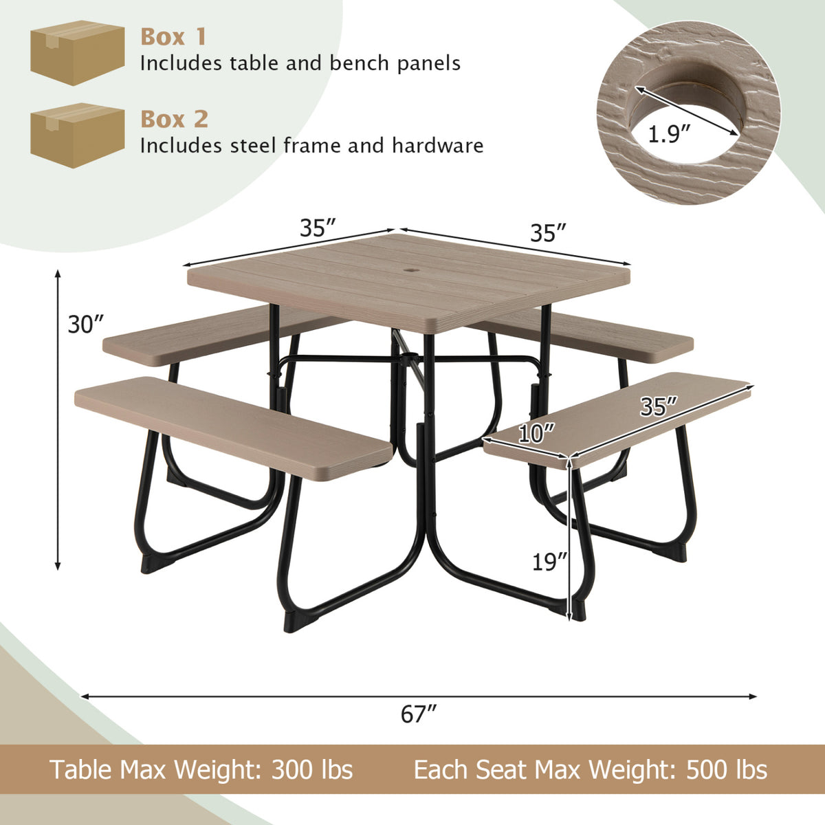 Outdoor Picnic Table with 4 Benches and Umbrella Hole-Brown-Picnic Tables-DECOROLALA