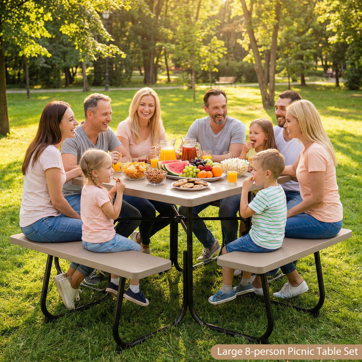 Outdoor Picnic Table with 4 Benches and Umbrella Hole-Brown-Picnic Tables-DECOROLALA