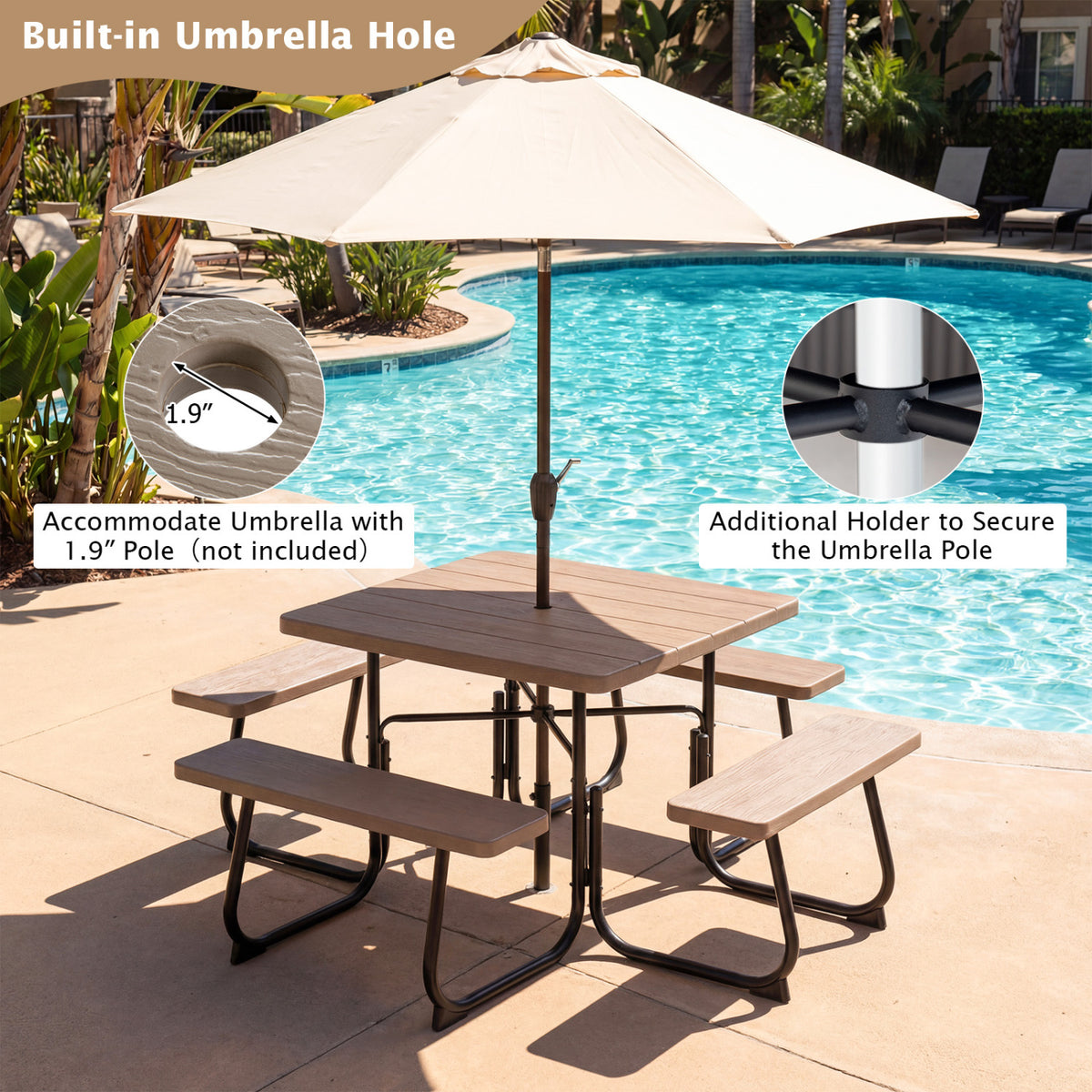 Outdoor Picnic Table with 4 Benches and Umbrella Hole-Brown-Picnic Tables-DECOROLALA