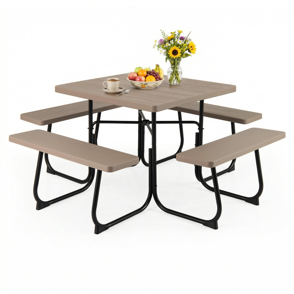 Outdoor Picnic Table with 4 Benches and Umbrella Hole-Brown-Picnic Tables-DECOROLALA