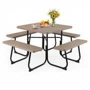 Outdoor Picnic Table with 4 Benches and Umbrella Hole-Brown-Picnic Tables-DECOROLALA