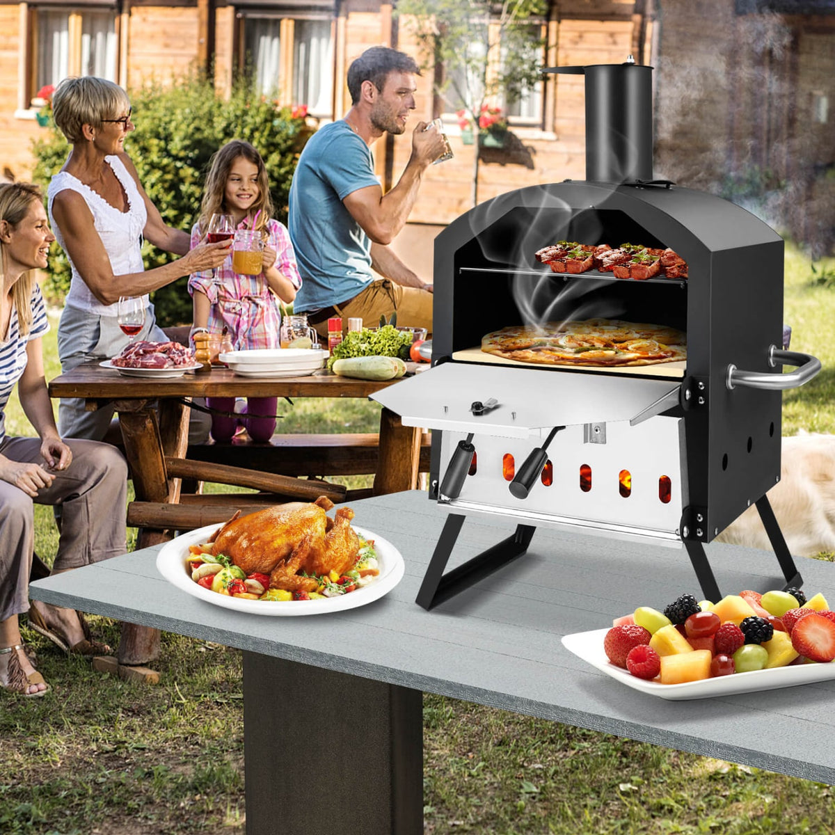 Outdoor Pizza Oven with Anti-scalding Handles and Foldable Legs-Black-Outdoor Grills-DECOROLALA