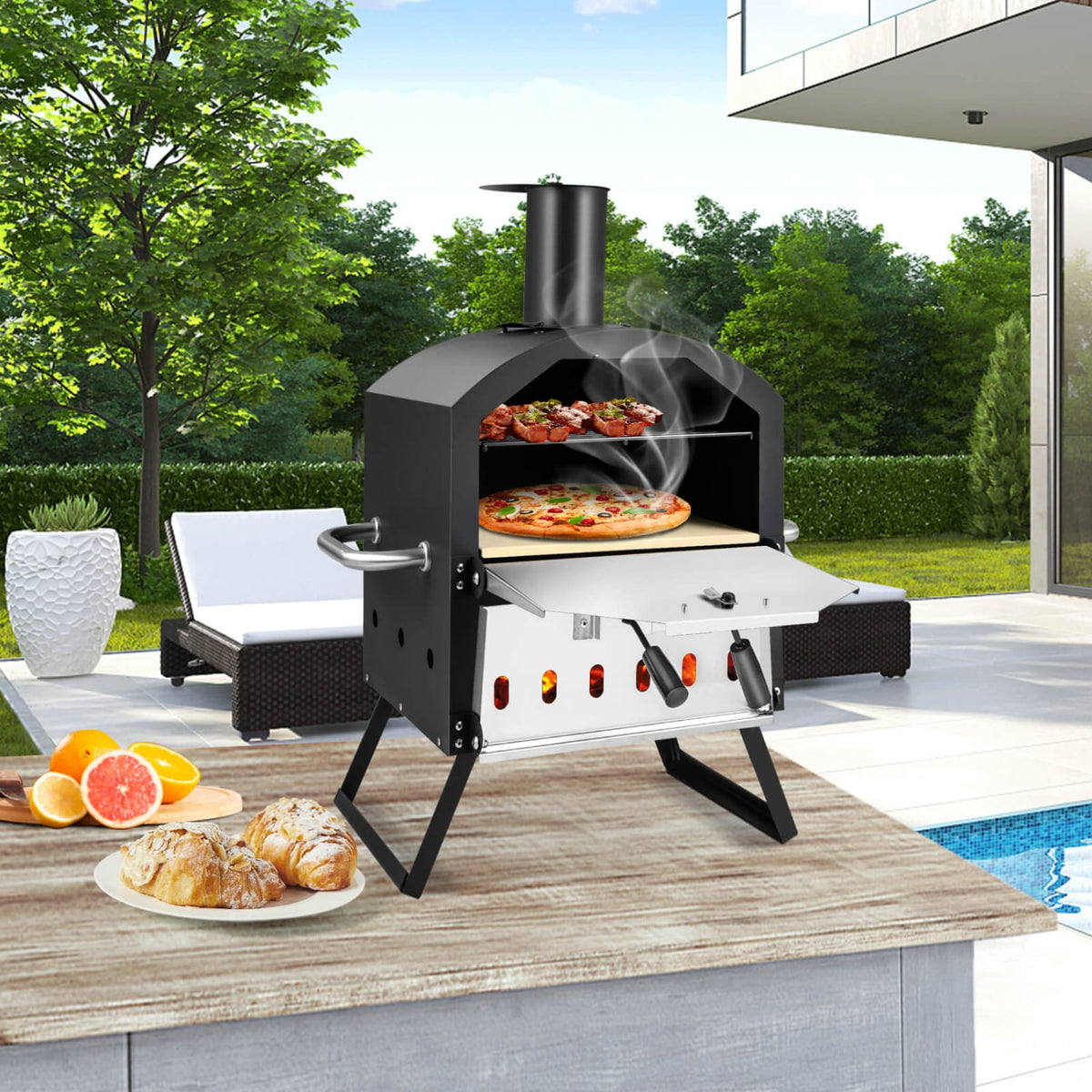 Outdoor Pizza Oven with Anti-scalding Handles and Foldable Legs-Black-Outdoor Grills-DECOROLALA