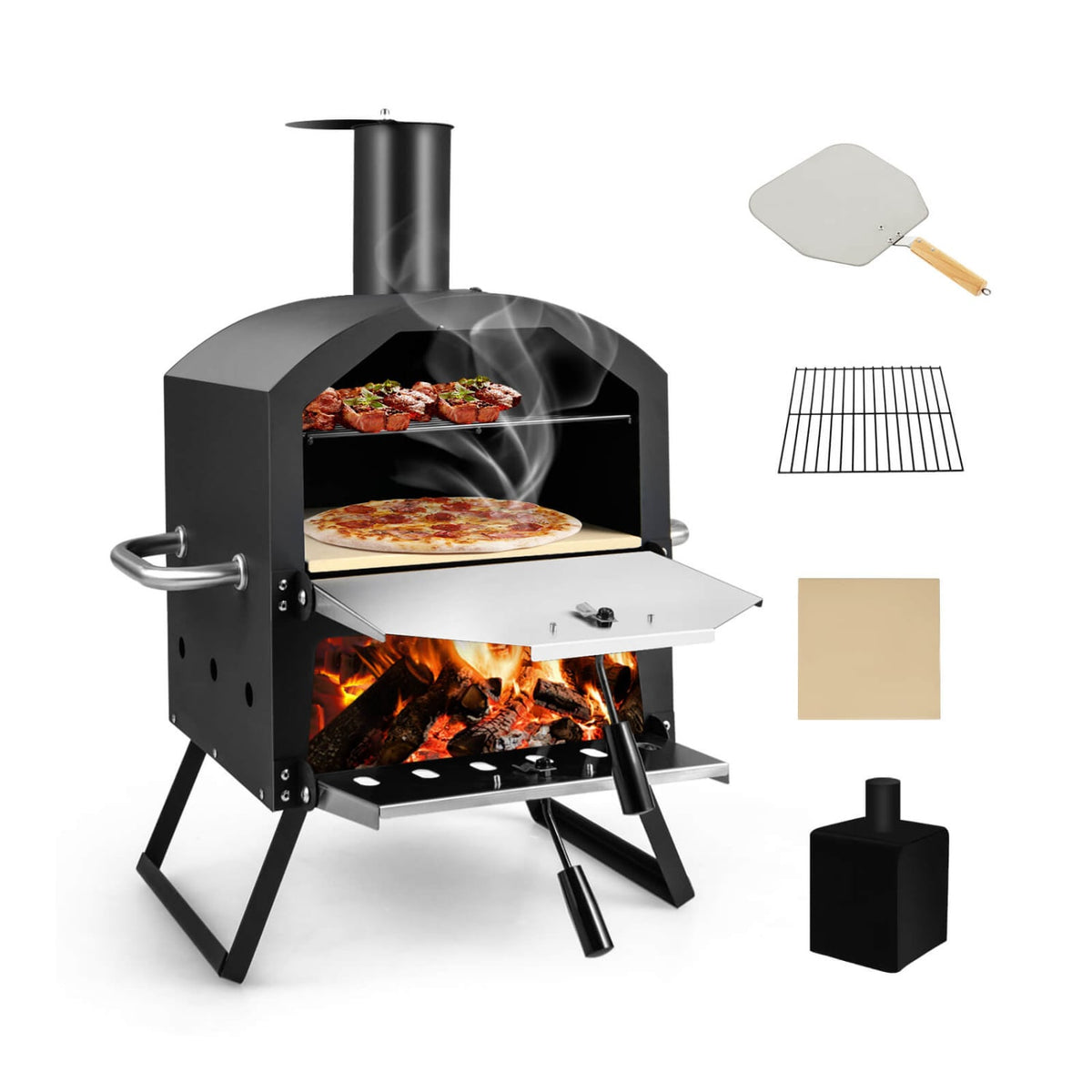 Outdoor Pizza Oven with Anti-scalding Handles and Foldable Legs-Black-Outdoor Grills-DECOROLALA