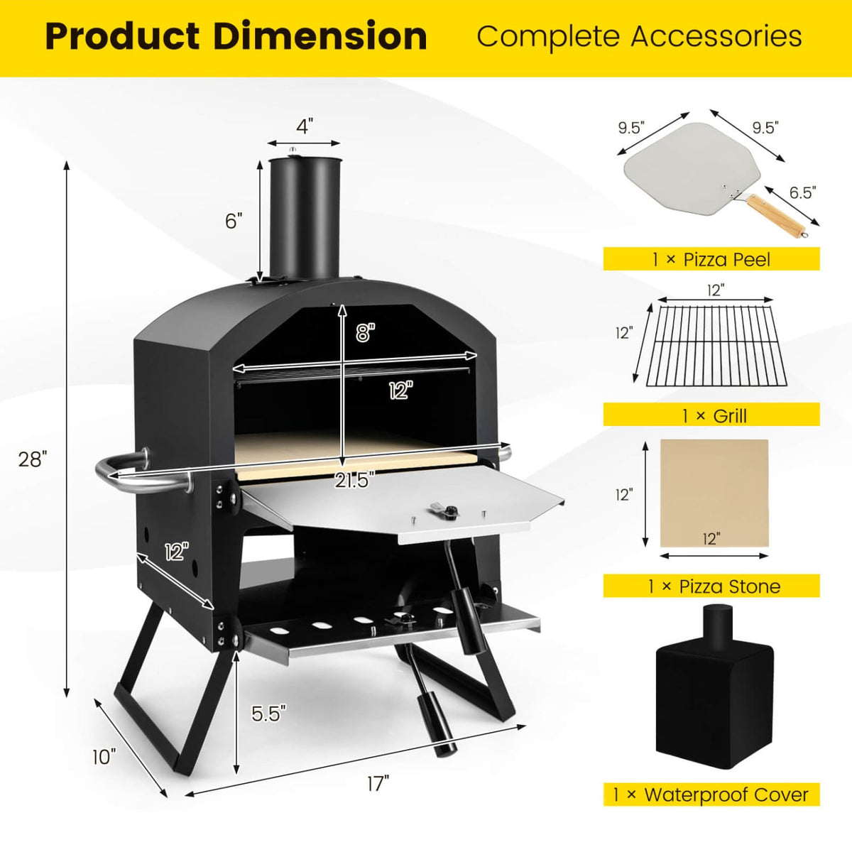 Outdoor Pizza Oven with Anti-scalding Handles and Foldable Legs-Black-Outdoor Grills-DECOROLALA