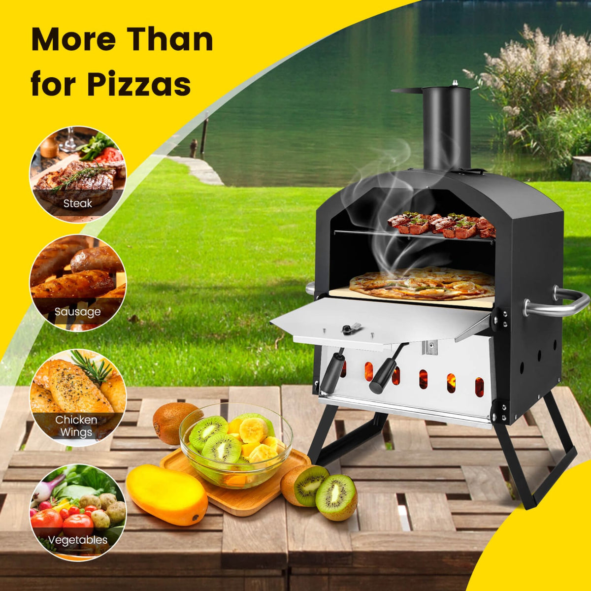 Outdoor Pizza Oven with Anti-scalding Handles and Foldable Legs-Black-Outdoor Grills-DECOROLALA