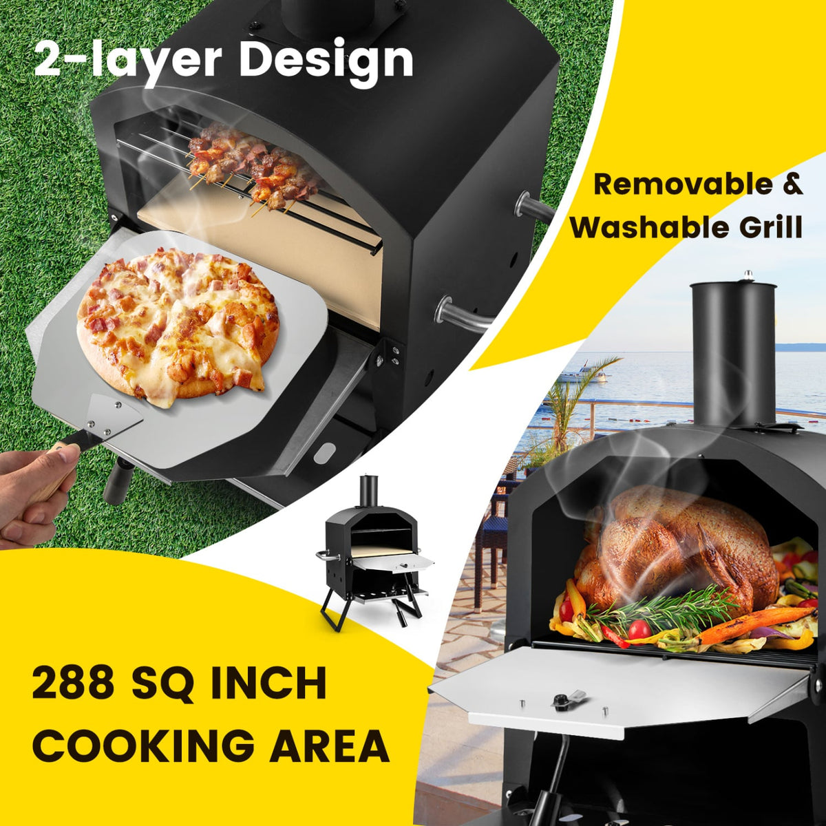 Outdoor Pizza Oven with Anti-scalding Handles and Foldable Legs-Black-Outdoor Grills-DECOROLALA