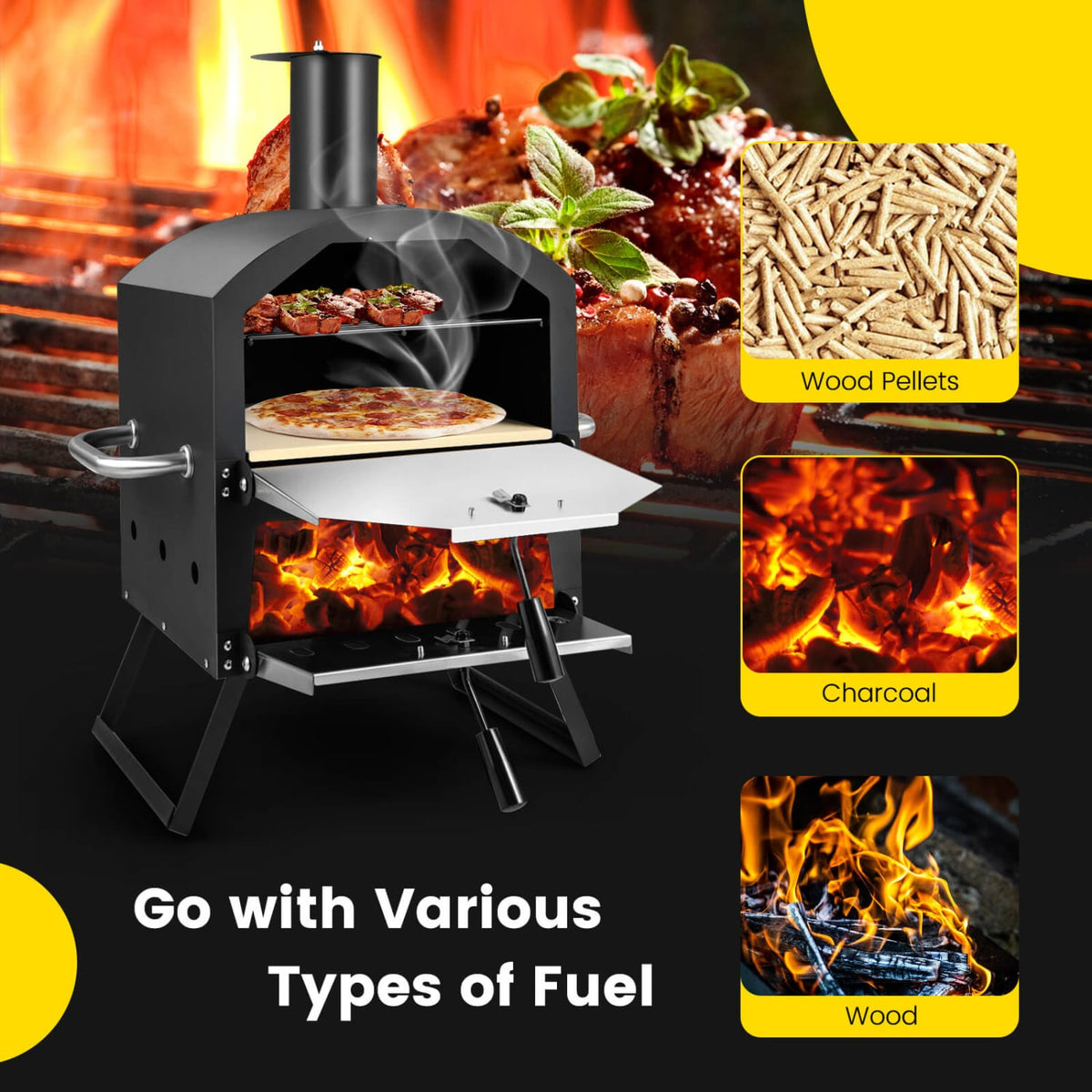 Outdoor Pizza Oven with Anti-scalding Handles and Foldable Legs-Black-Outdoor Grills-DECOROLALA