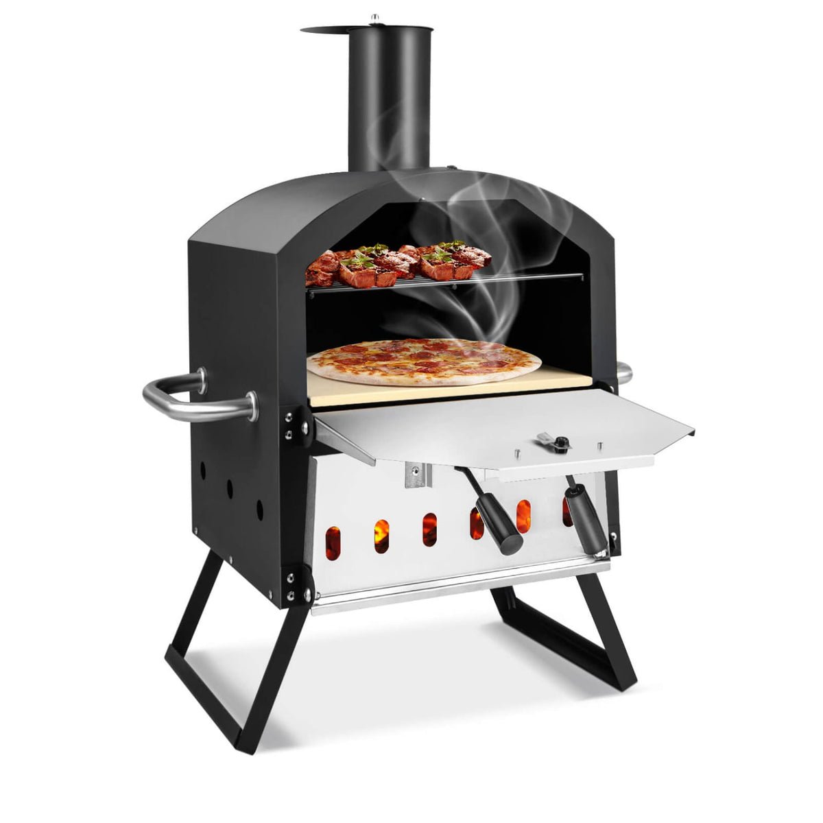 Outdoor Pizza Oven with Anti-scalding Handles and Foldable Legs-Black-Outdoor Grills-DECOROLALA