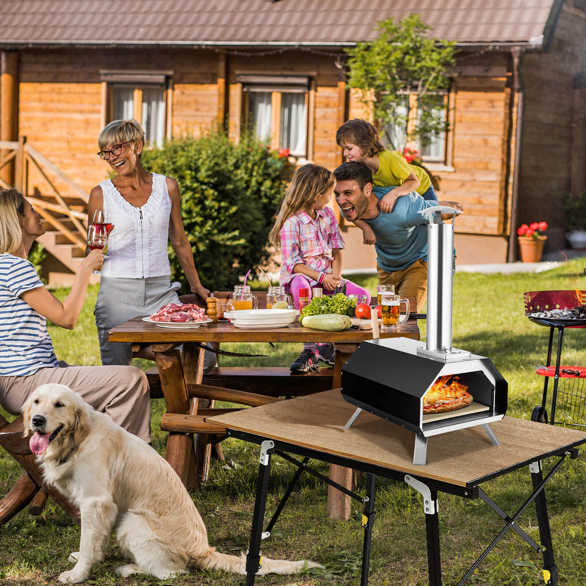 Outdoor Pizza Oven with Pizza Stone and Foldable Legs for Camping-Black-Outdoor Grills-DECOROLALA