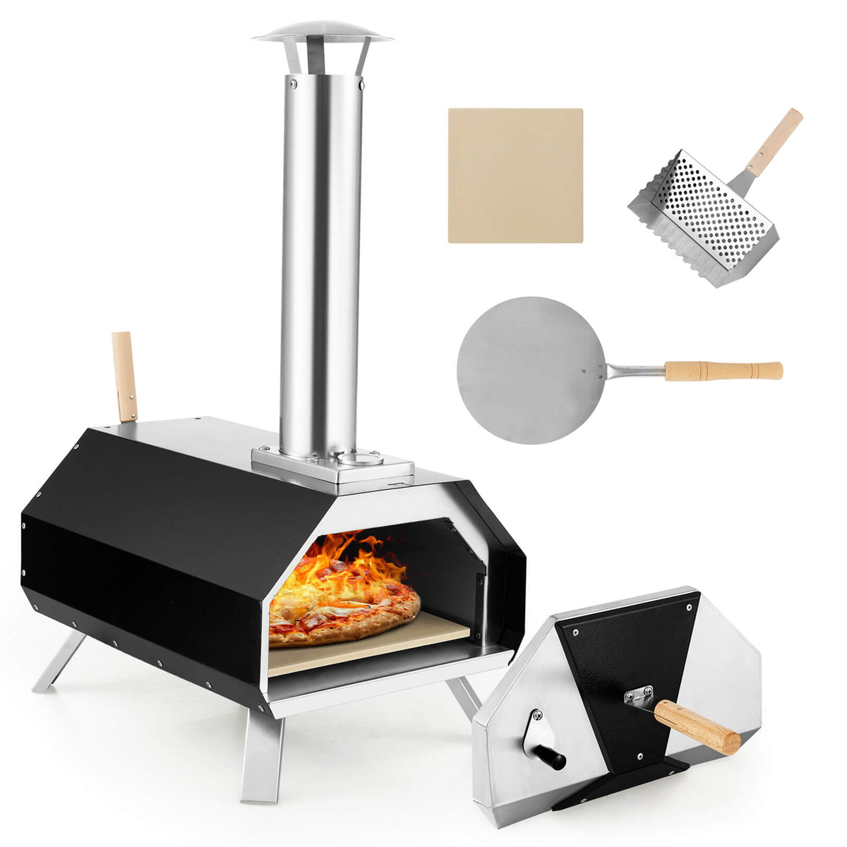 Outdoor Pizza Oven with Pizza Stone and Foldable Legs for Camping-Black-Outdoor Grills-DECOROLALA