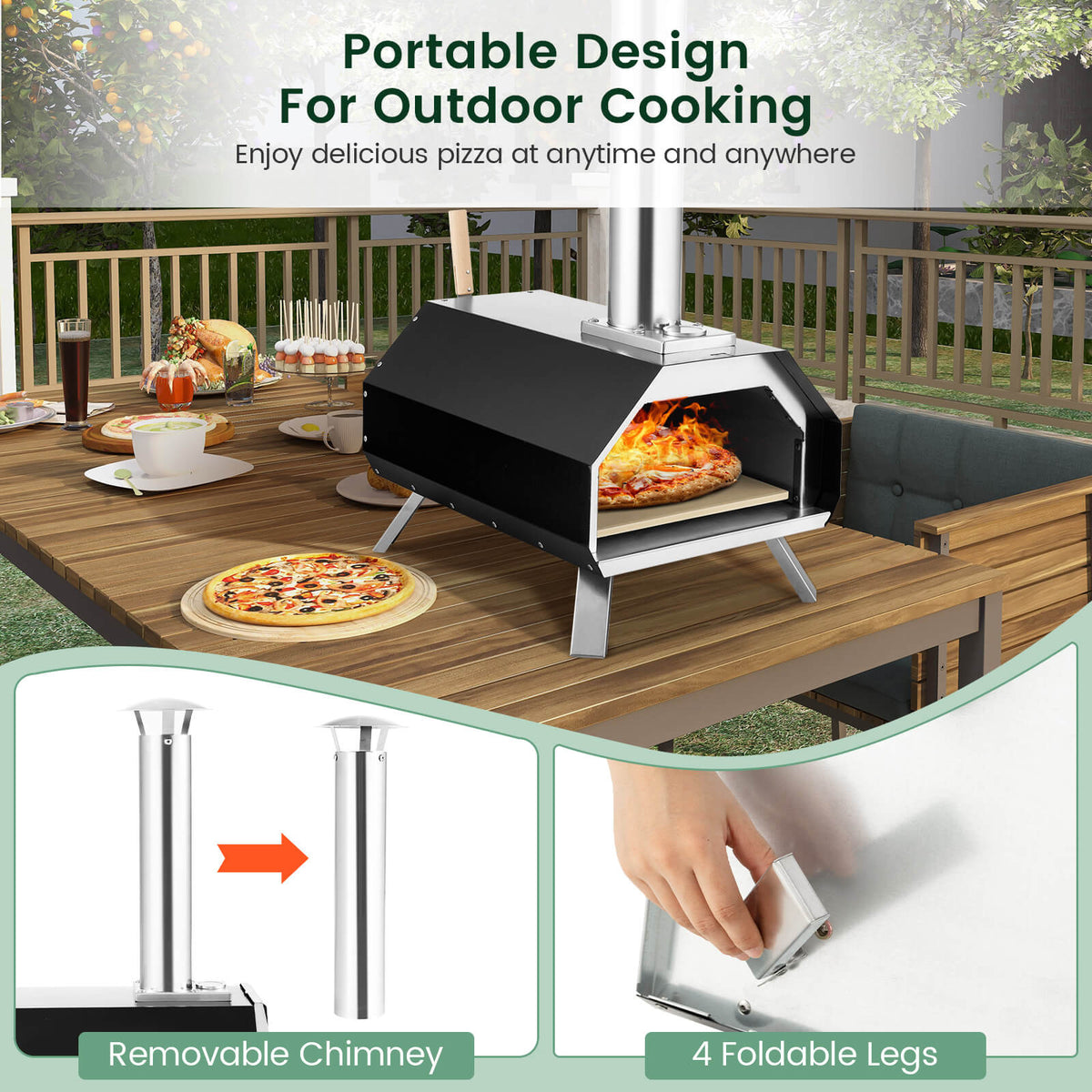 Outdoor Pizza Oven with Pizza Stone and Foldable Legs for Camping-Black-Outdoor Grills-DECOROLALA