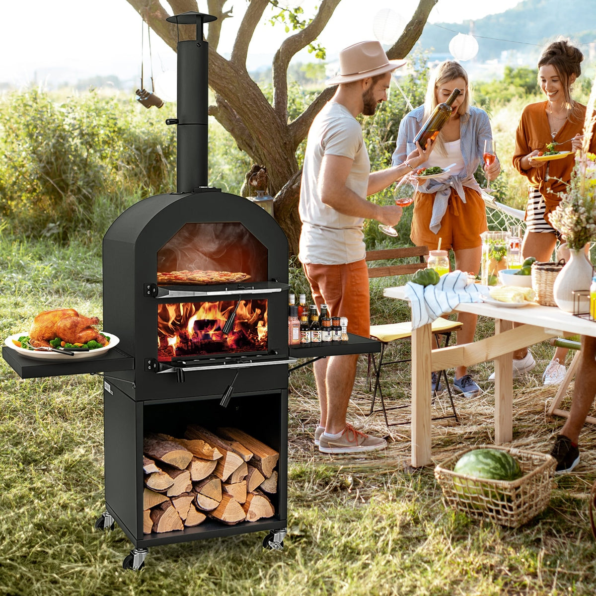 Outdoor Pizza Oven with Protective Cover and Grill Racks and Built-in Thermometer-Outdoor Grills-DECOROLALA