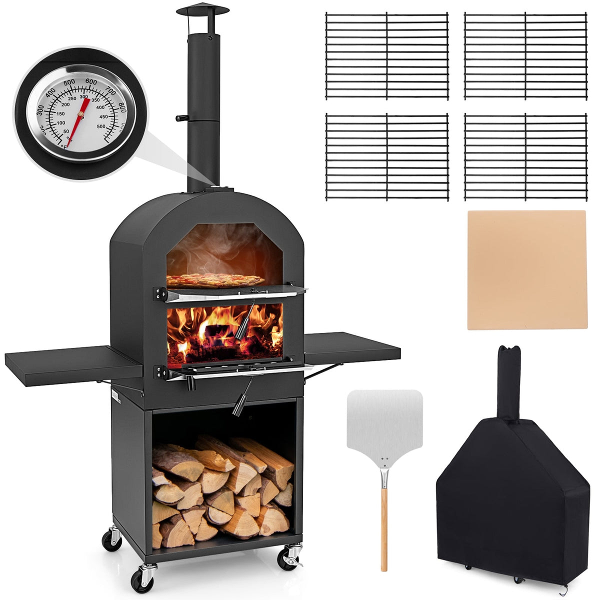 Outdoor Pizza Oven with Protective Cover and Grill Racks and Built-in Thermometer-Outdoor Grills-DECOROLALA