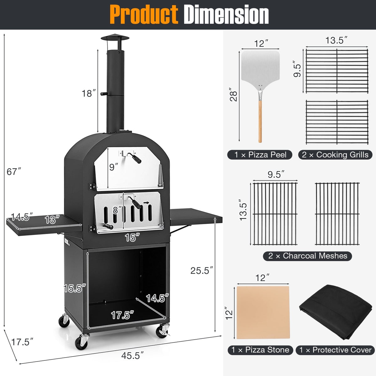 Outdoor Pizza Oven with Protective Cover and Grill Racks and Built-in Thermometer-Outdoor Grills-DECOROLALA