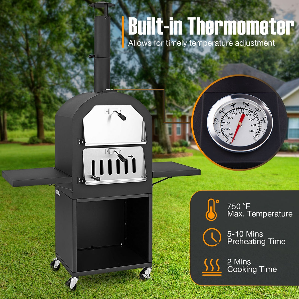 Outdoor Pizza Oven with Protective Cover and Grill Racks and Built-in Thermometer-Outdoor Grills-DECOROLALA
