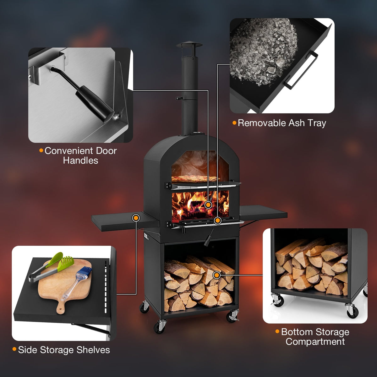 Outdoor Pizza Oven with Protective Cover and Grill Racks and Built-in Thermometer-Outdoor Grills-DECOROLALA