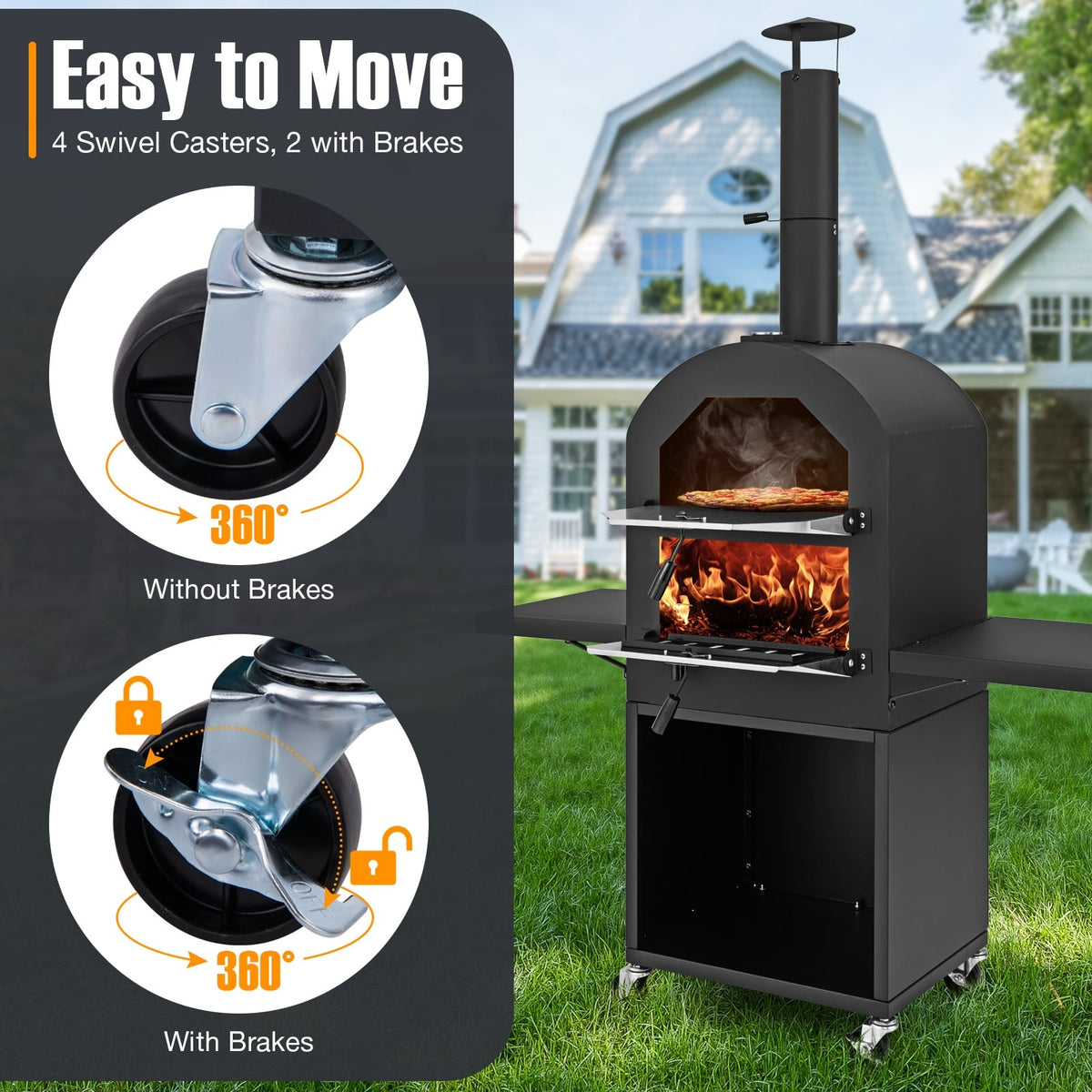 Outdoor Pizza Oven with Protective Cover and Grill Racks and Built-in Thermometer-Outdoor Grills-DECOROLALA