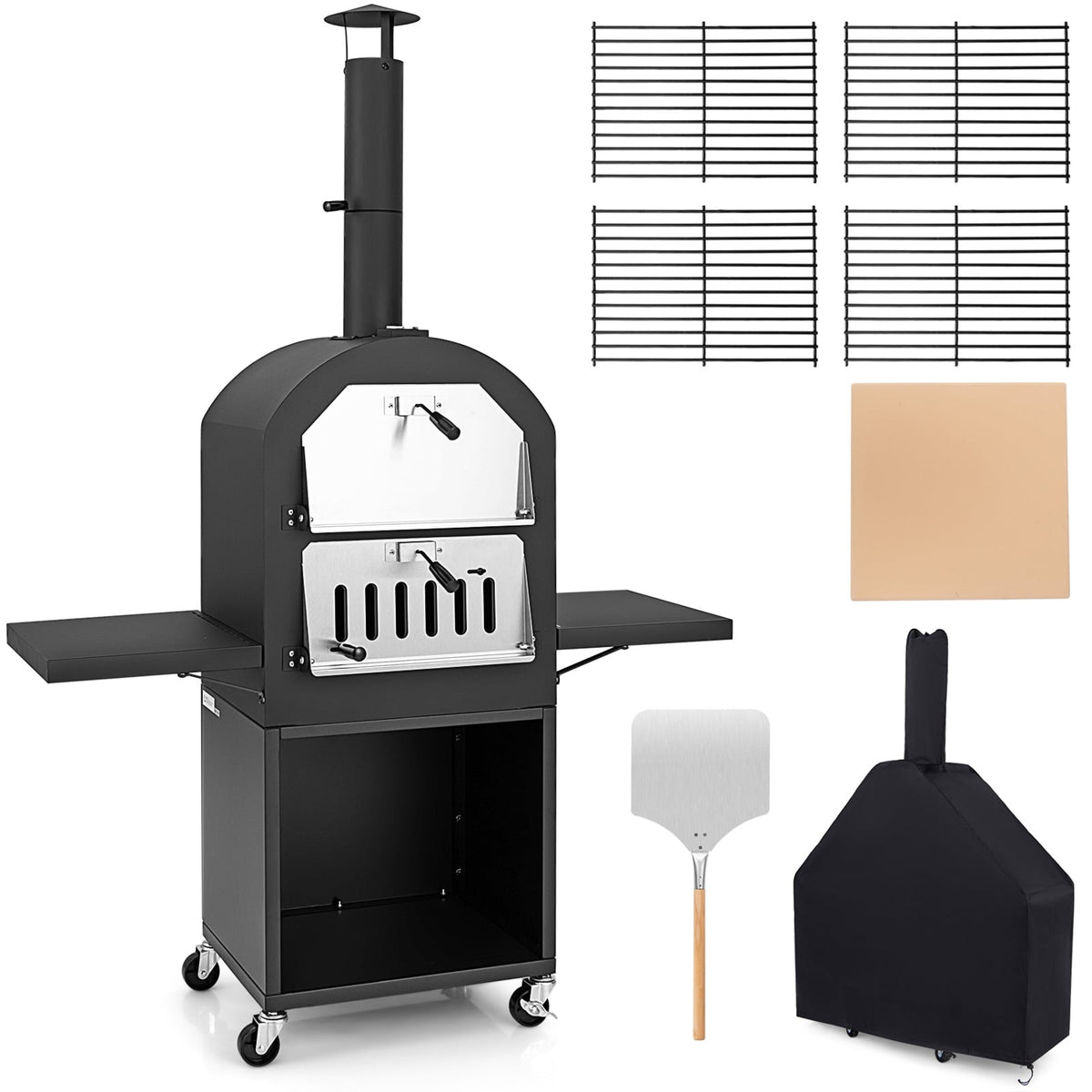 Outdoor Pizza Oven with Protective Cover and Grill Racks and Built-in Thermometer-Outdoor Grills-DECOROLALA