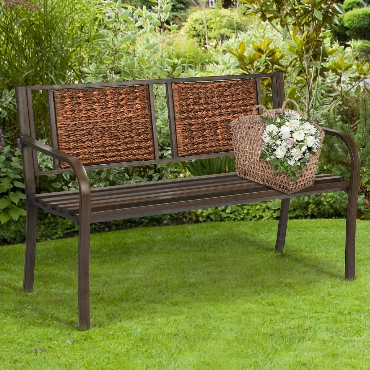 Outdoor Porch Furniture Patio Garden Bench Steel Frame Rattan-Outdoor Benches-DECOROLALA